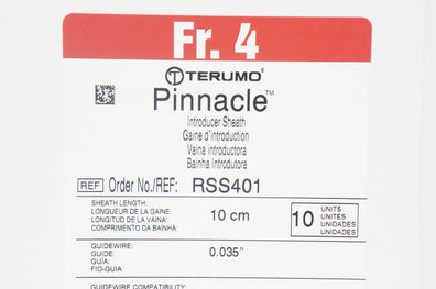 Terumo RSS401 Pinnacle Introducer Sheath 4Fr x 10cm x 0.035 inch (x) - Box of 7